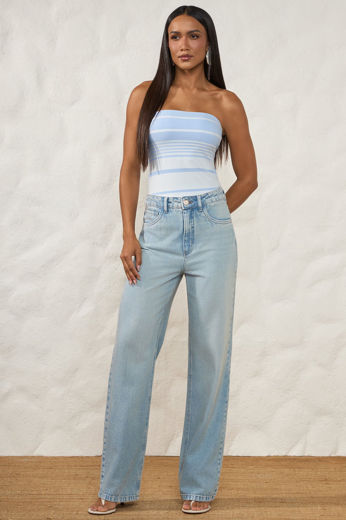 Calça Reta Jeans Claro Cintura Alta Peônia - Doce Trama