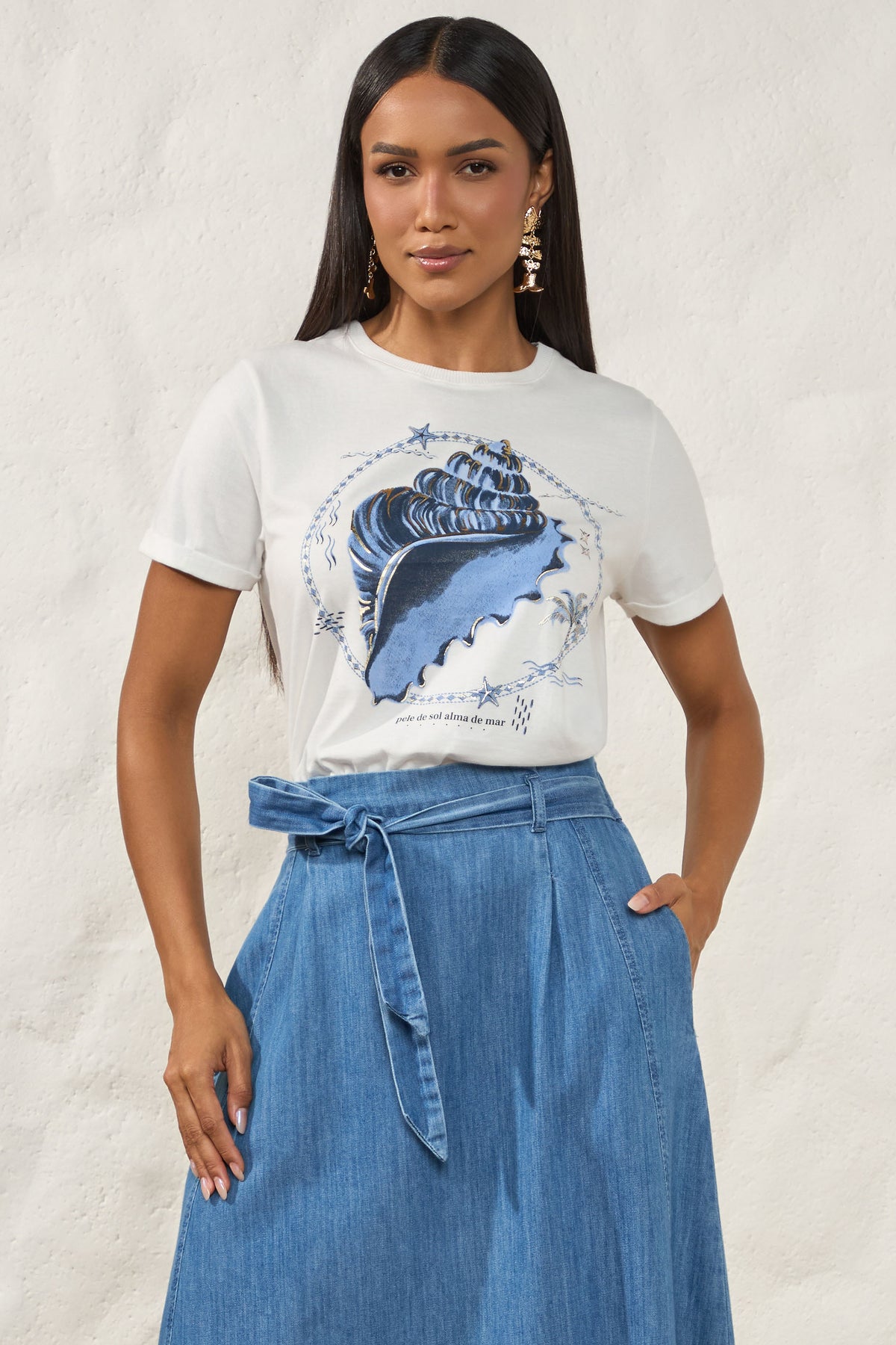 Saia Midi Jeans Evasê Amarração Resort - Doce Trama