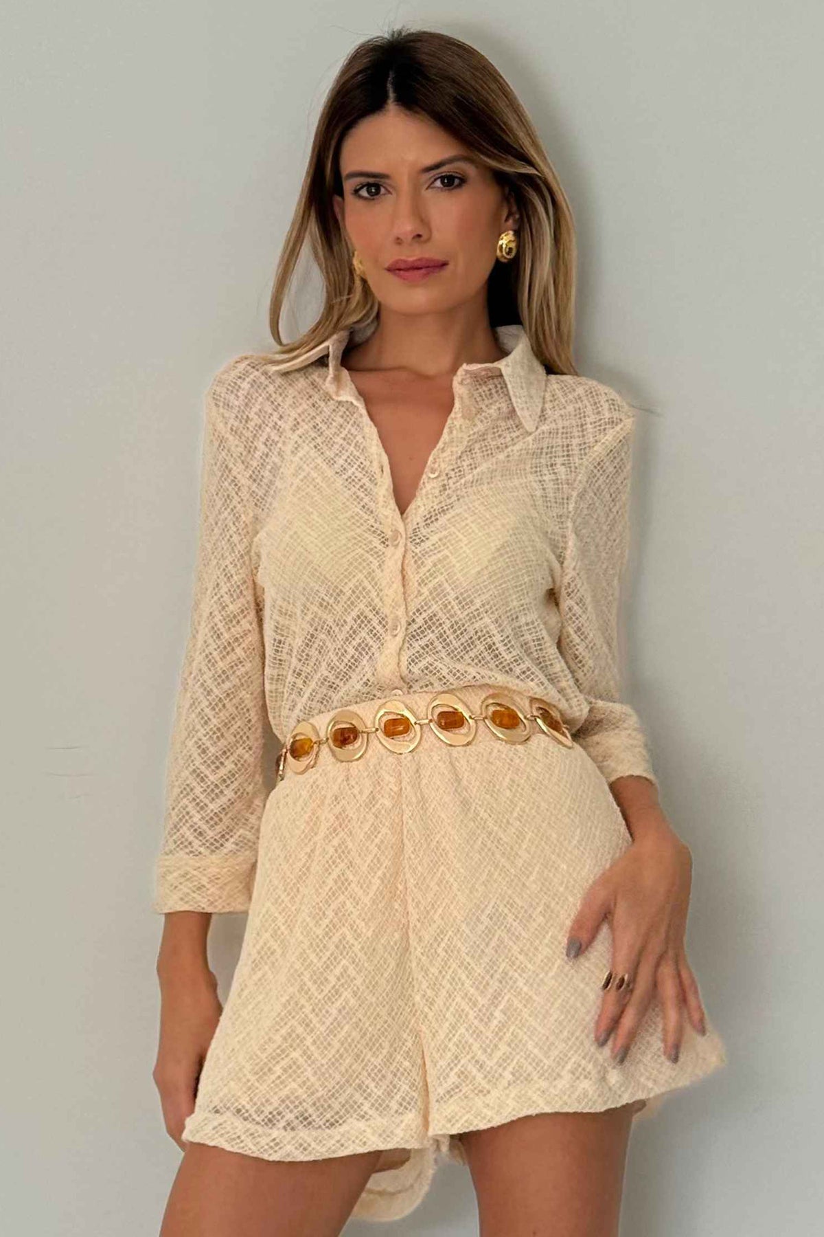Camisa Feminina Manga 7/8 Tela Crochê Resort - Doce Trama