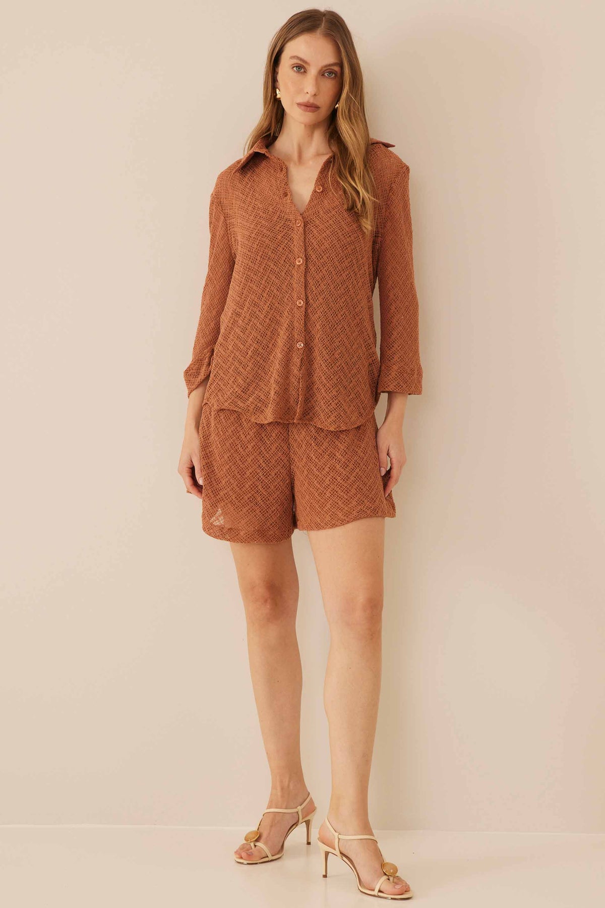Camisa Feminina Manga 7/8 Tela Crochê Resort - Doce Trama