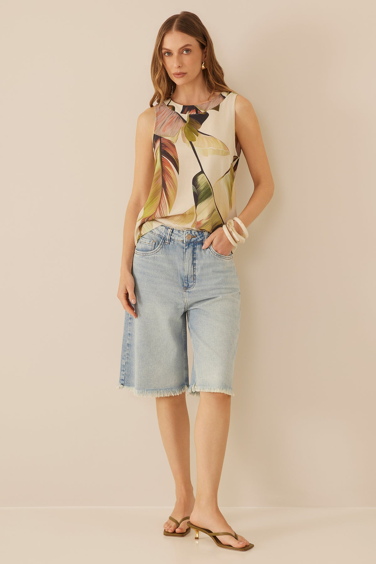 Blusa Sem Manga Viscose Estampada Resort - Doce Trama