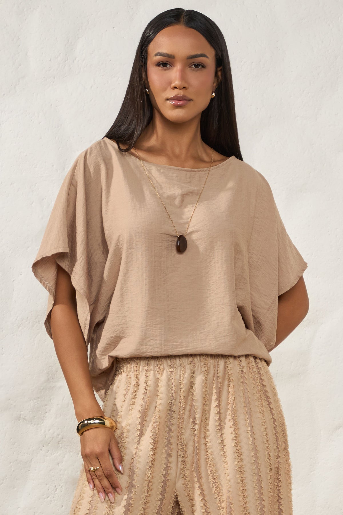 Blusa Ampla Texturizada Manga Curta Resort - Doce Trama