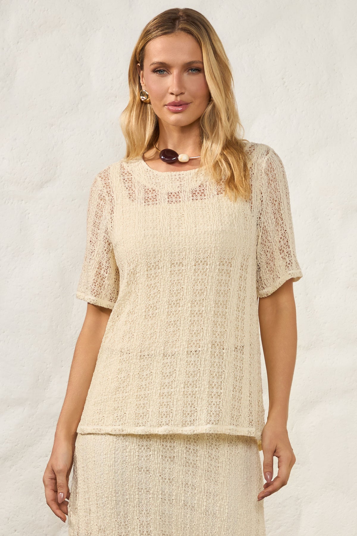 Blusa Manga Curta Renda com Elastano Resort - Doce Trama