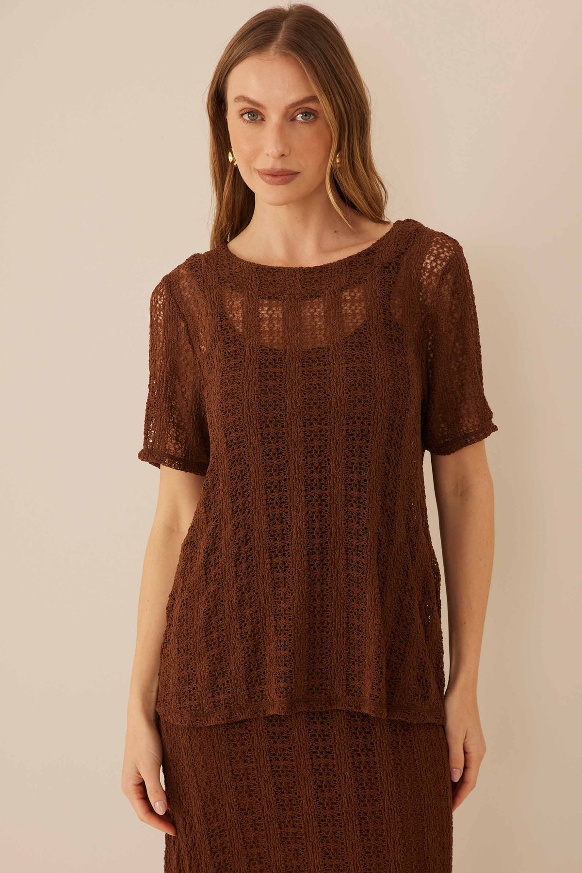 Blusa Manga Curta Renda com Elastano Resort - Doce Trama