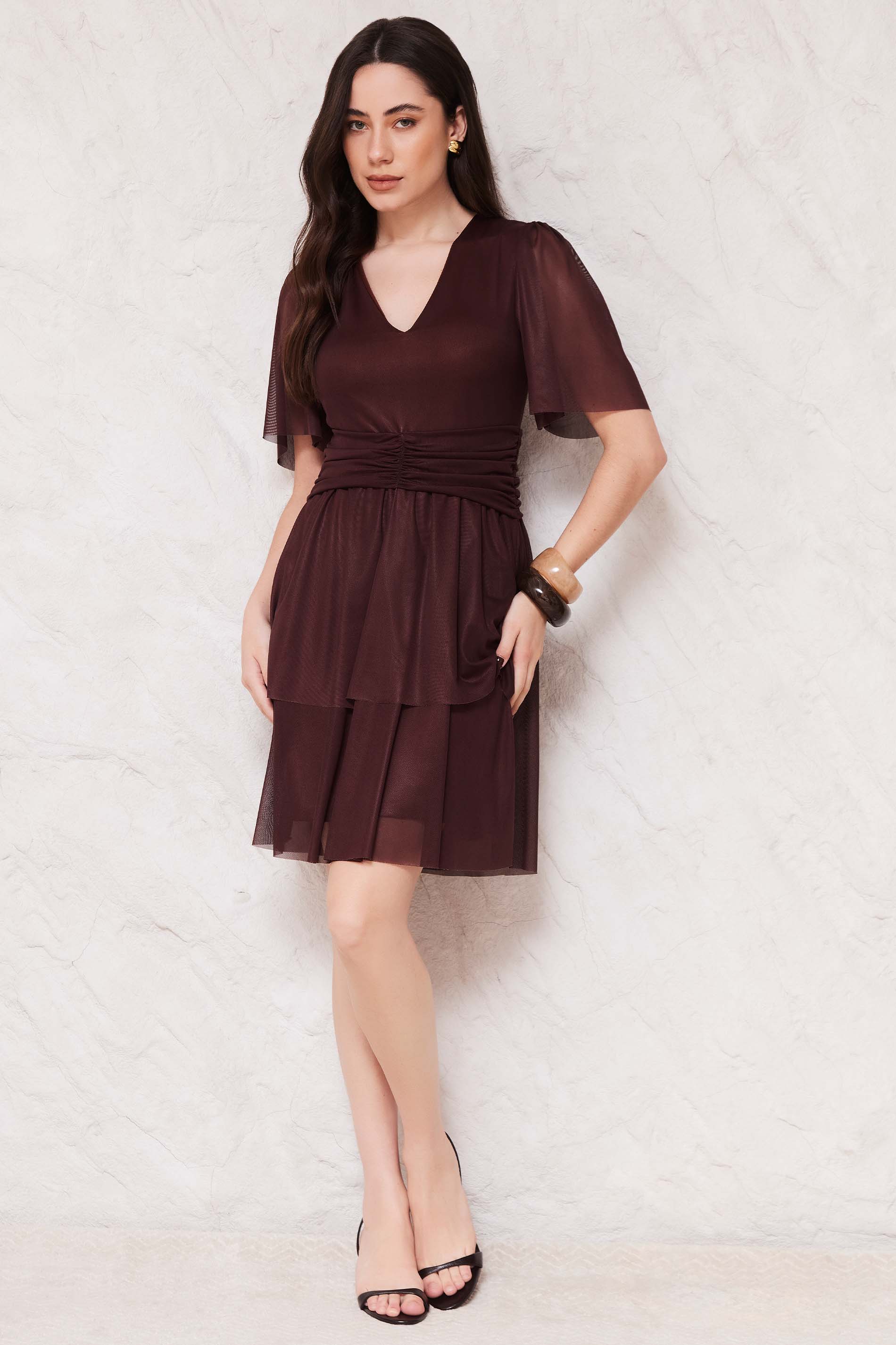 Vestido Curto Evasê em Tule com Drapeado Sunset - Doce Trama