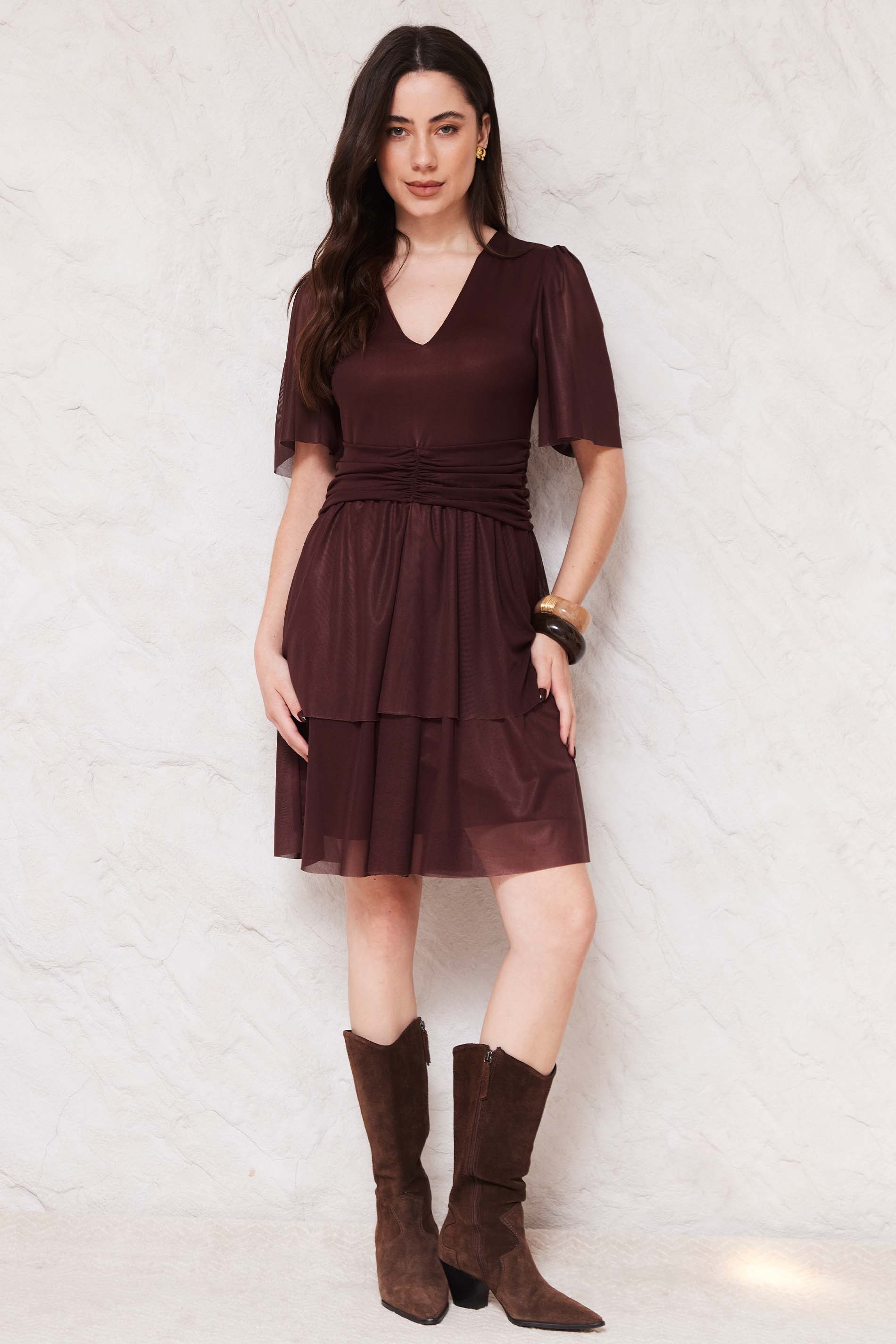 Vestido Curto Evasê em Tule com Drapeado Sunset - Doce Trama