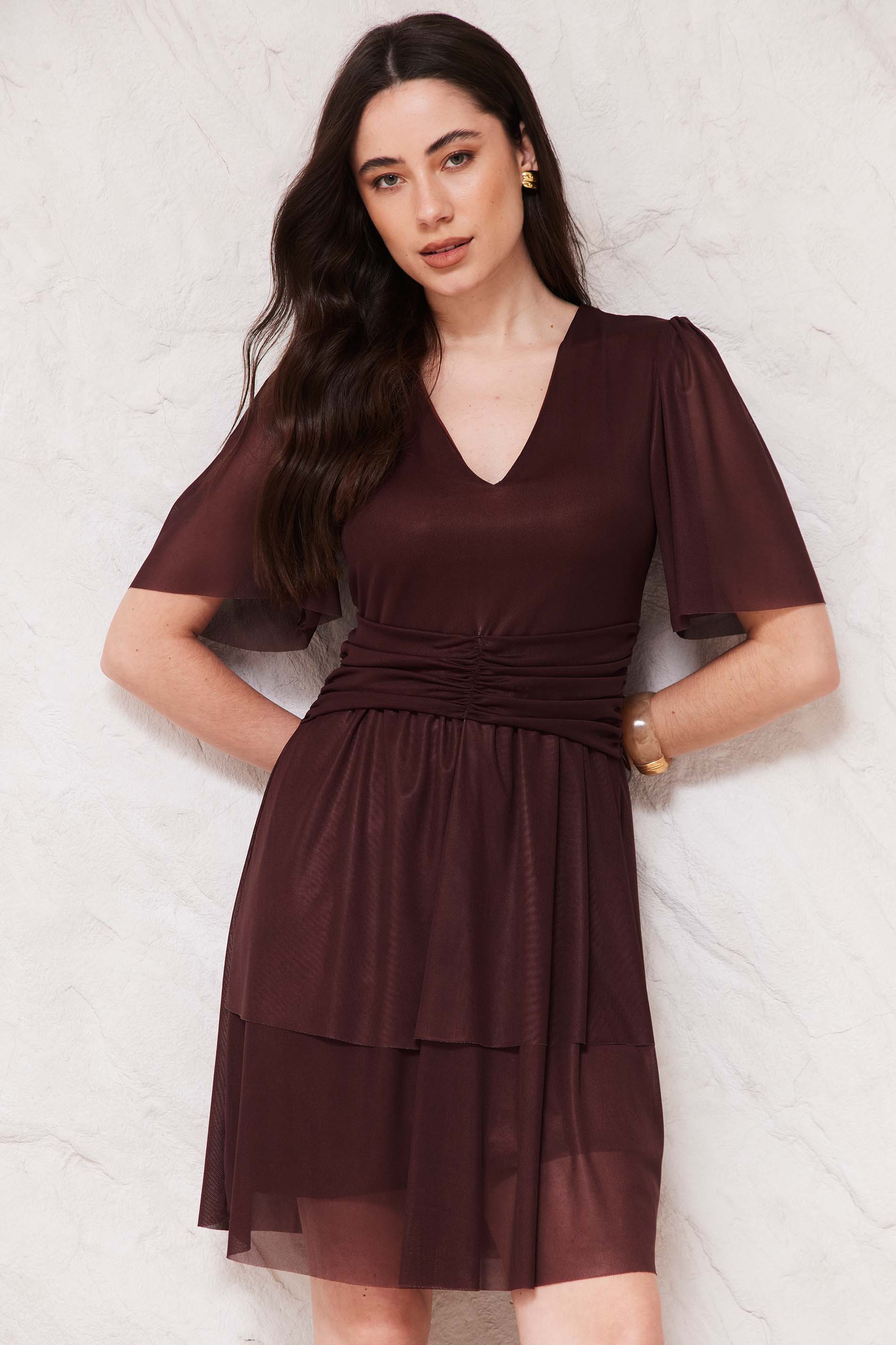 Vestido Curto Evasê em Tule com Drapeado Sunset - Doce Trama