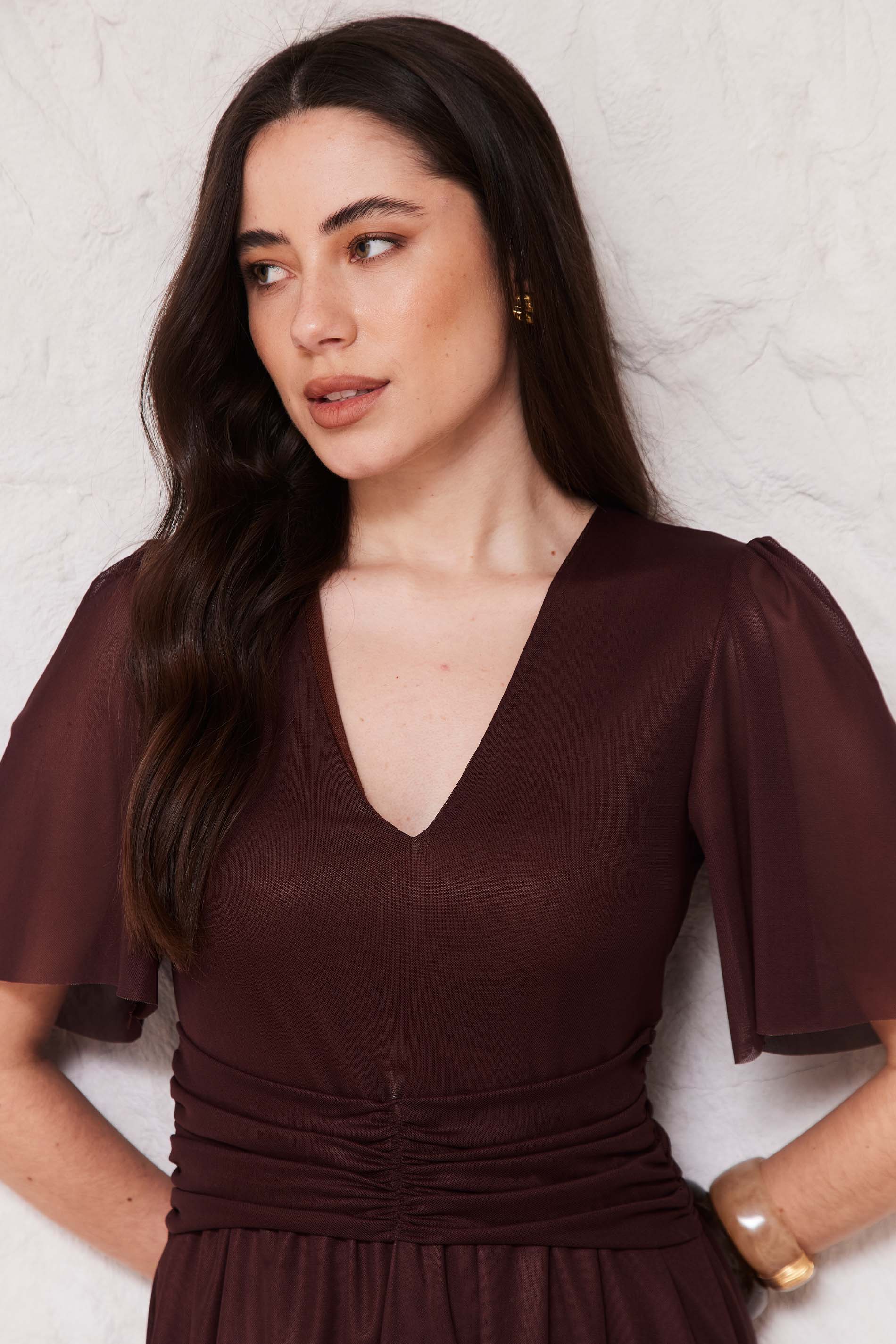 Vestido Curto Evasê em Tule com Drapeado Sunset - Doce Trama