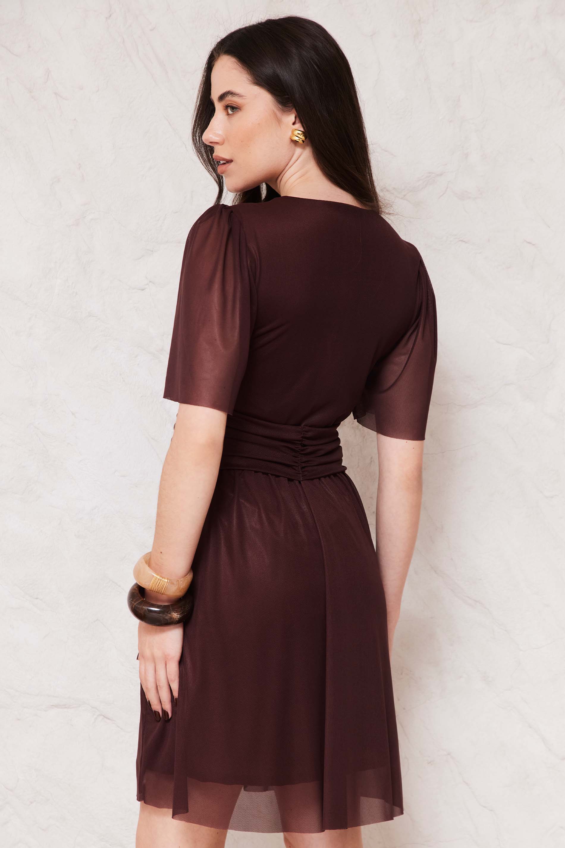 Vestido Curto Evasê em Tule com Drapeado Sunset - Doce Trama