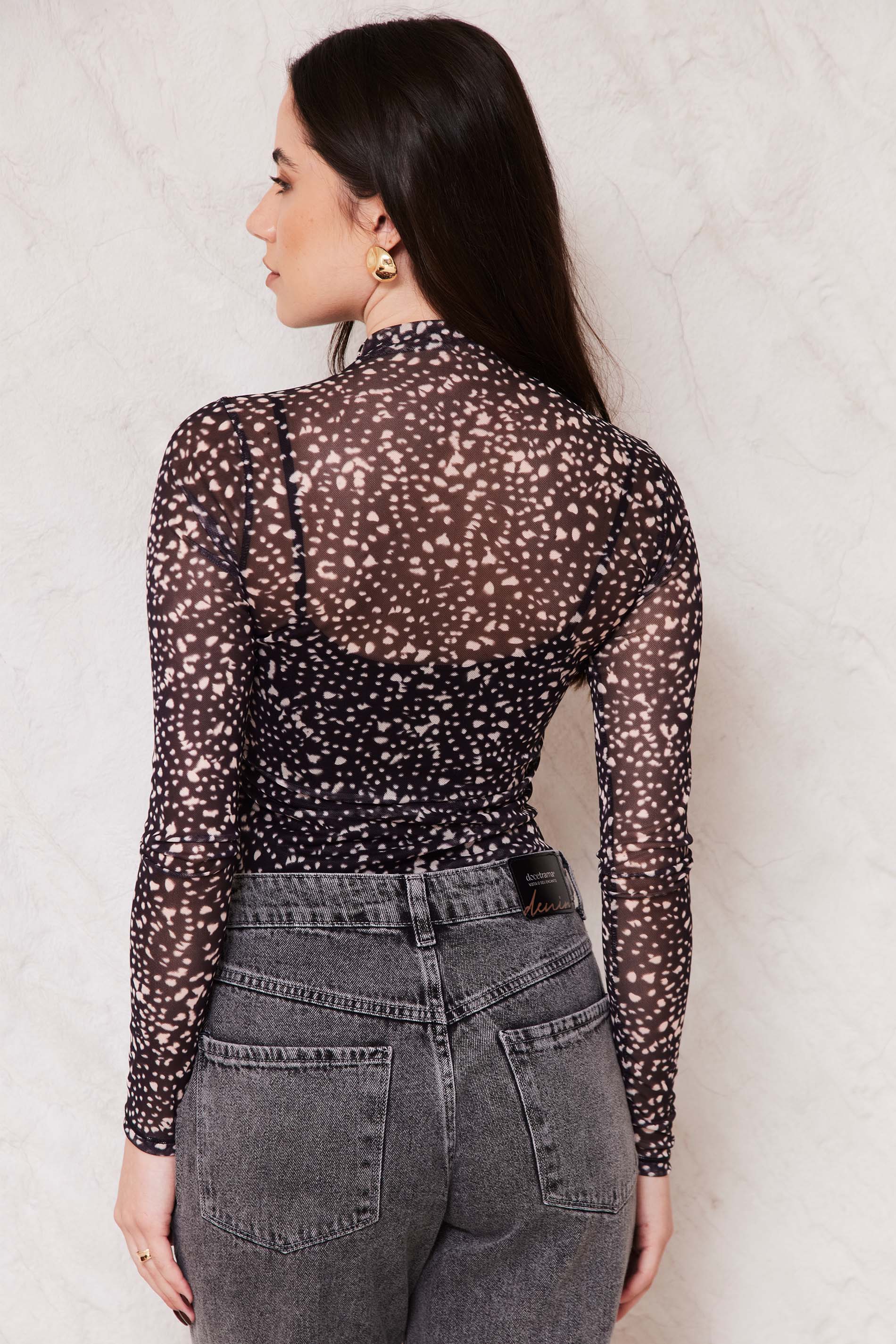 Blusa Feminina Manga Longa Tule Estampado Sunset- Doce Trama