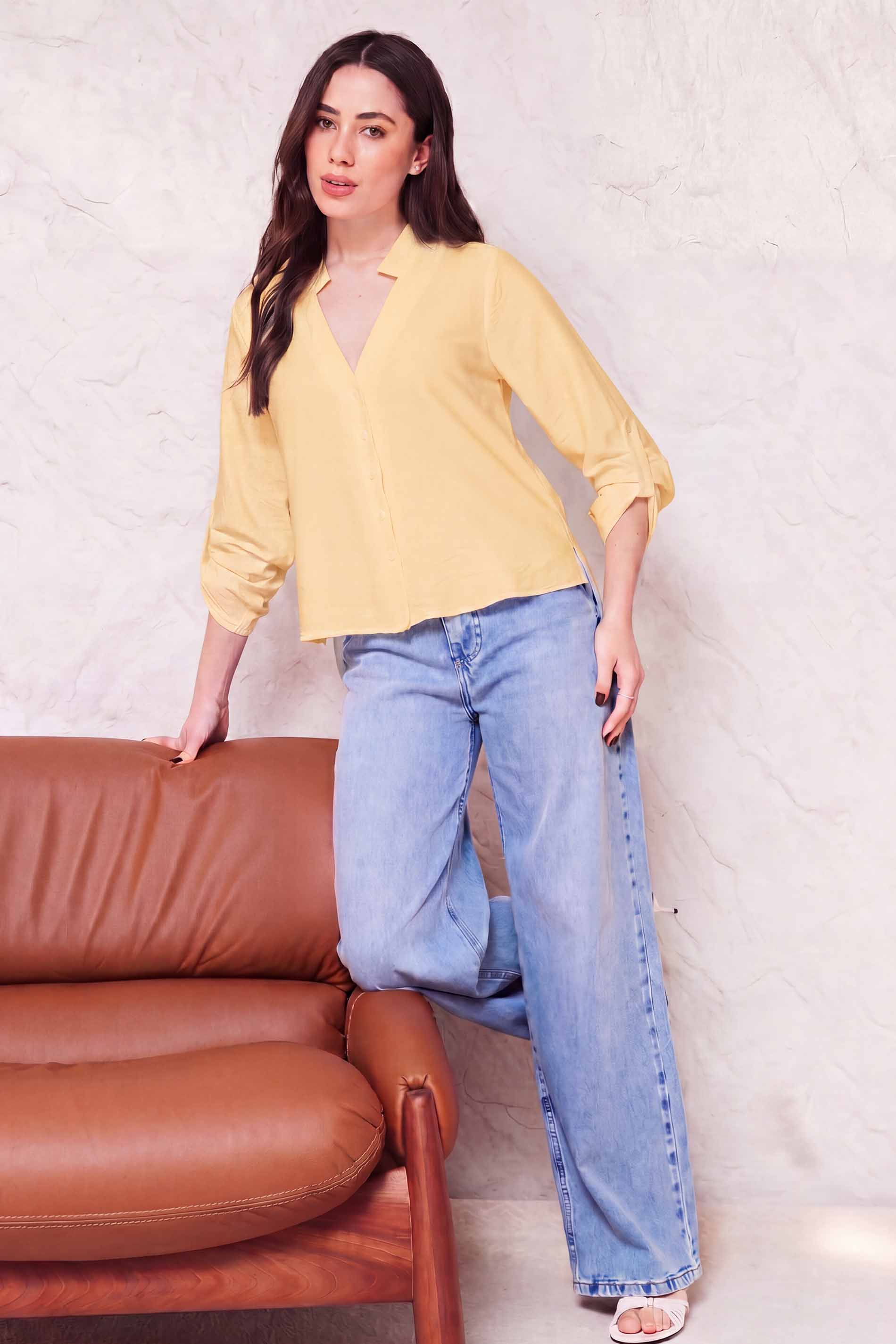 Camisa Feminina Reta Creponada Martingale Sunset- Doce Trama