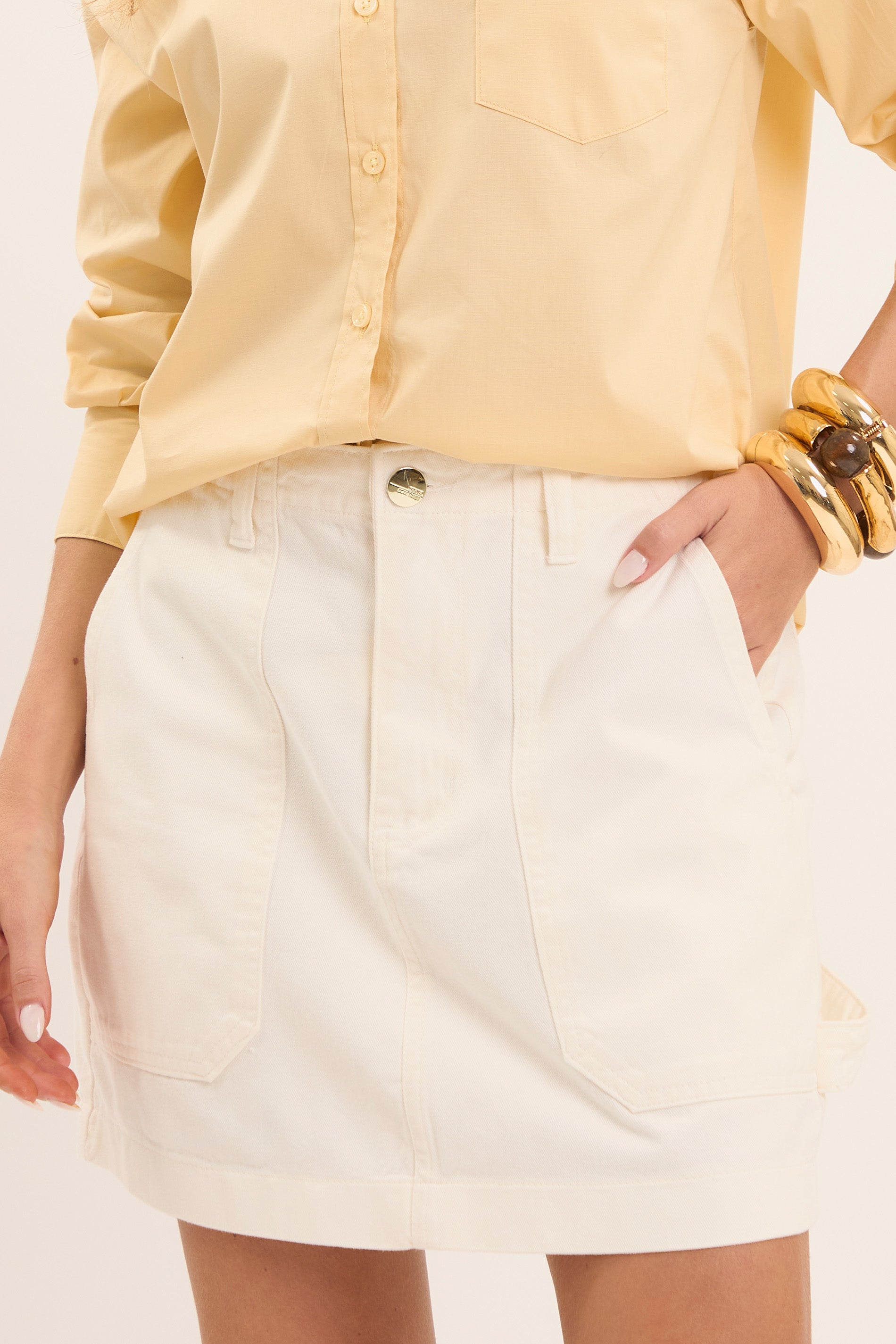 Saia Jeans Cintura Alta com Bolsos Frontais