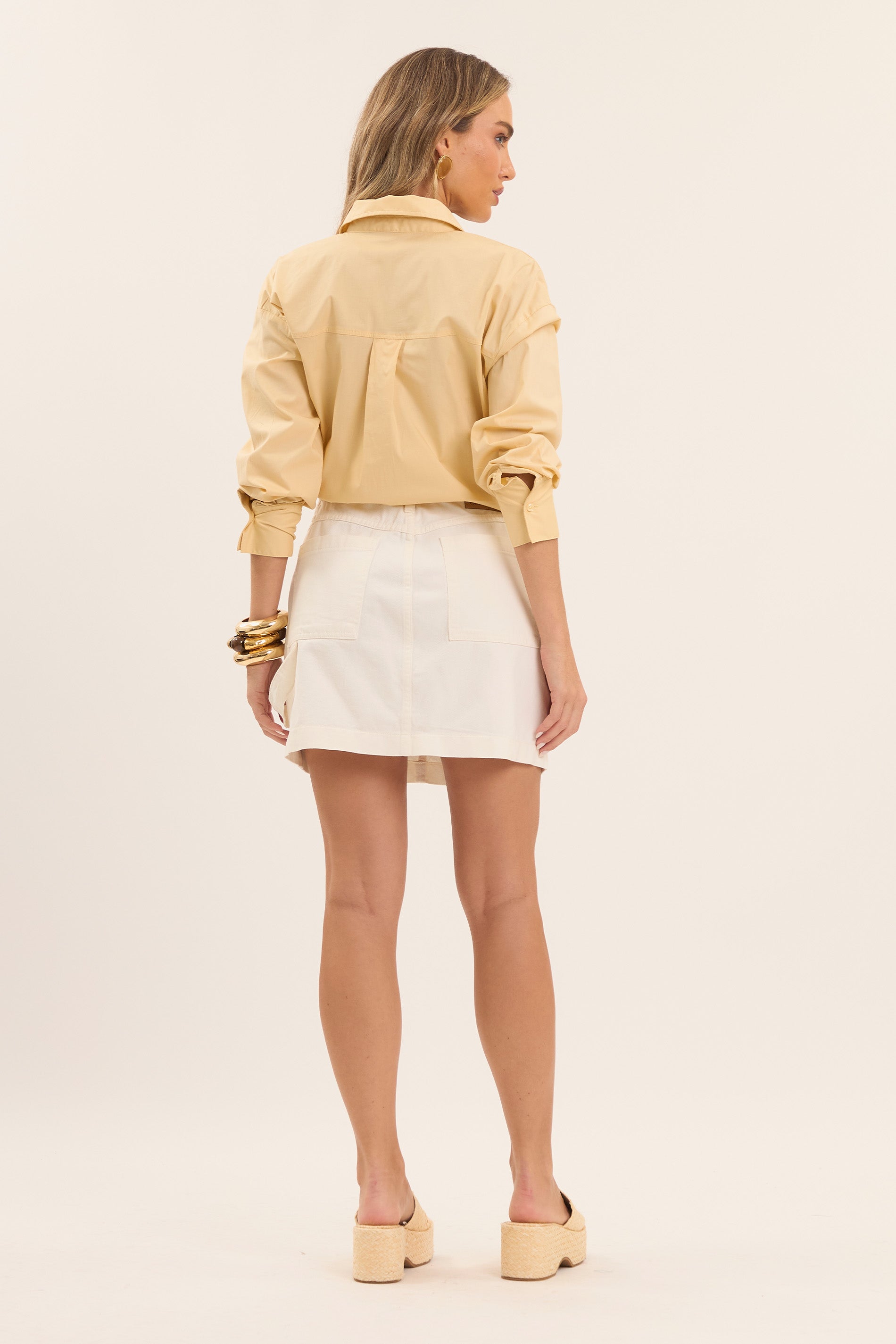 Saia Jeans Cintura Alta com Bolsos Frontais