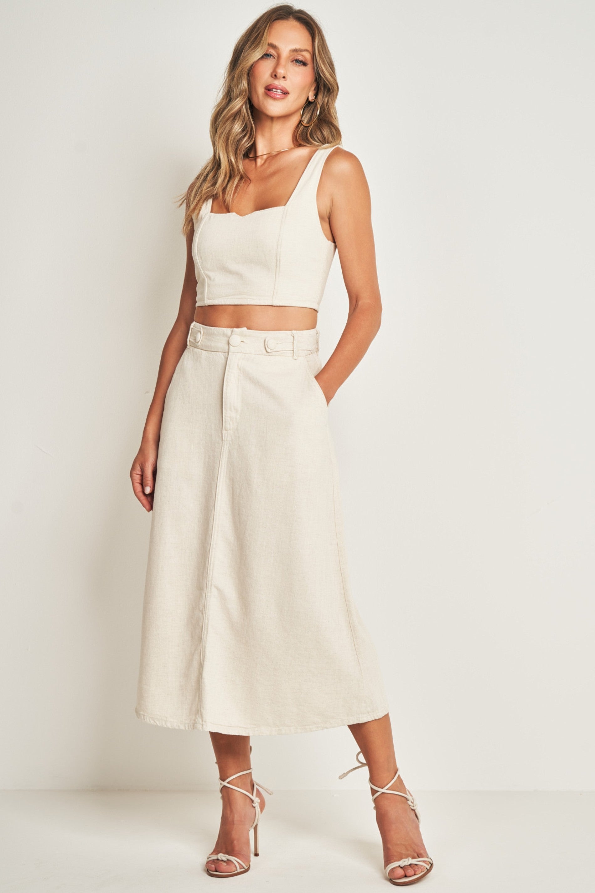 Saia Midi em Sarja Linho com Regulador